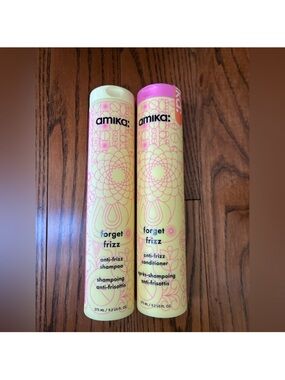 Amika 🌸 Forget Frizz Shampoo & Conditioner Duo — Yellow with Pink Caps